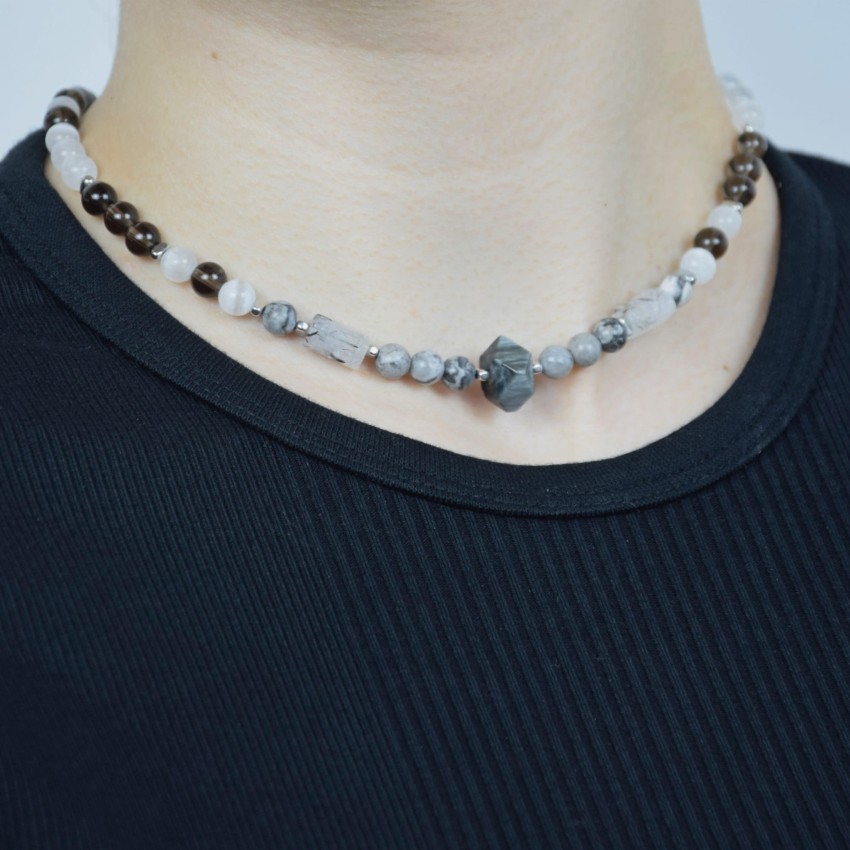 Naszyjnik Selenit Dymny Kwarc Jaspis Szary na łańcuszku