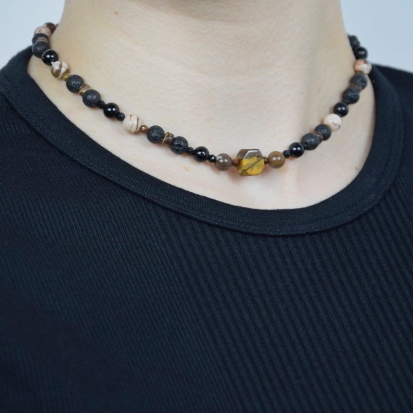 Naszyjnik Tygrysie Oko Lawa Turmalin Jaspis Zebra na łańcuszku