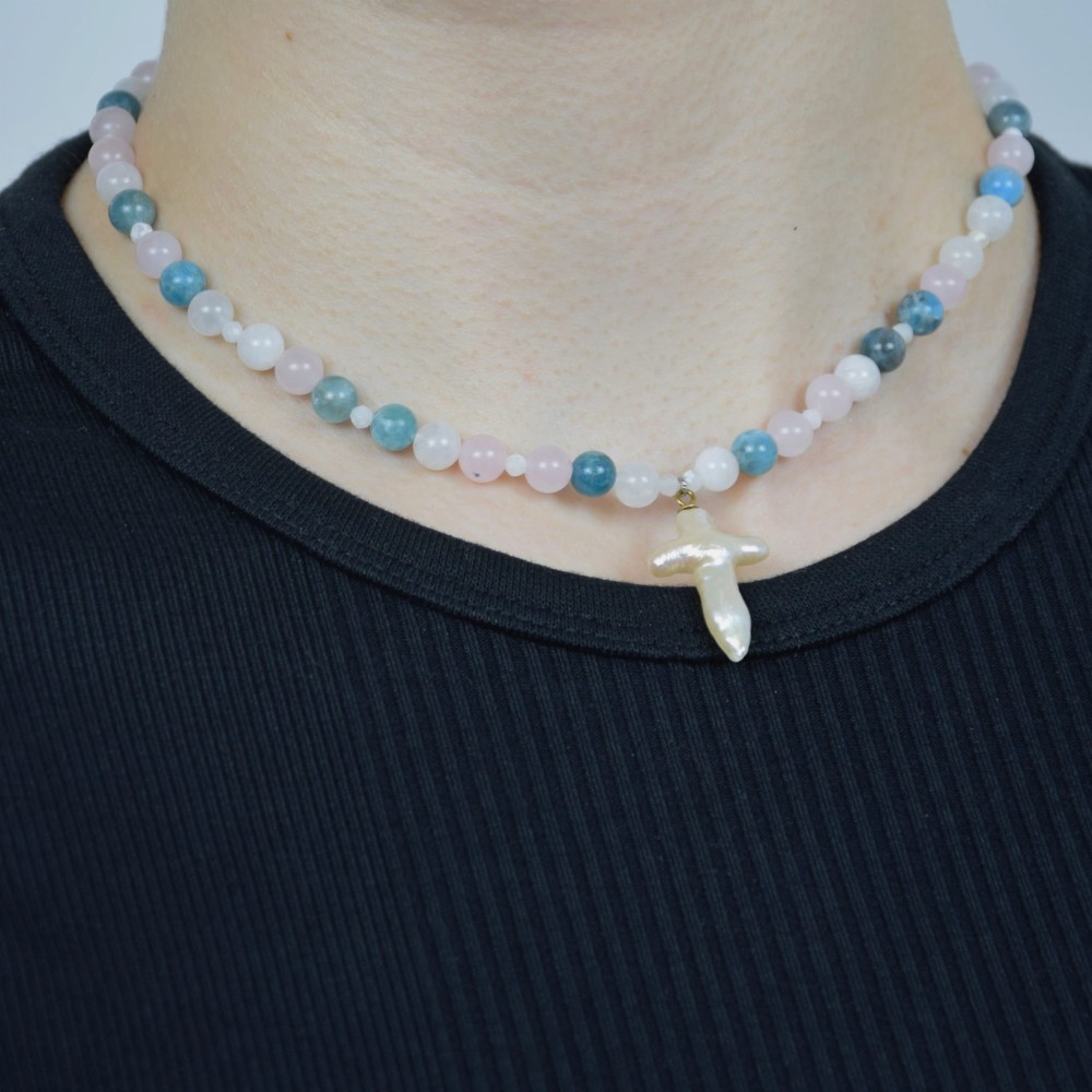 Naszyjnik Apatyt Kamień Księżycowy Różowy Kwarc Perła na łańcuszku