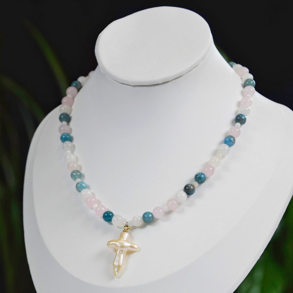 Naszyjnik Apatyt Kamień Księżycowy Różowy Kwarc Perła na łańcuszku