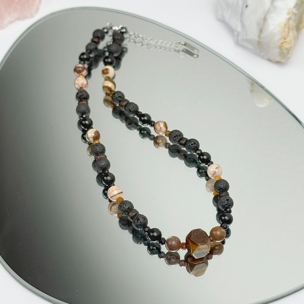 Naszyjnik Tygrysie Oko Lawa Turmalin Jaspis Zebra na łańcuszku