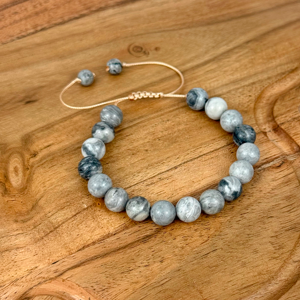 Bransoletka JASPIS SZARY 8 mm na sznurku