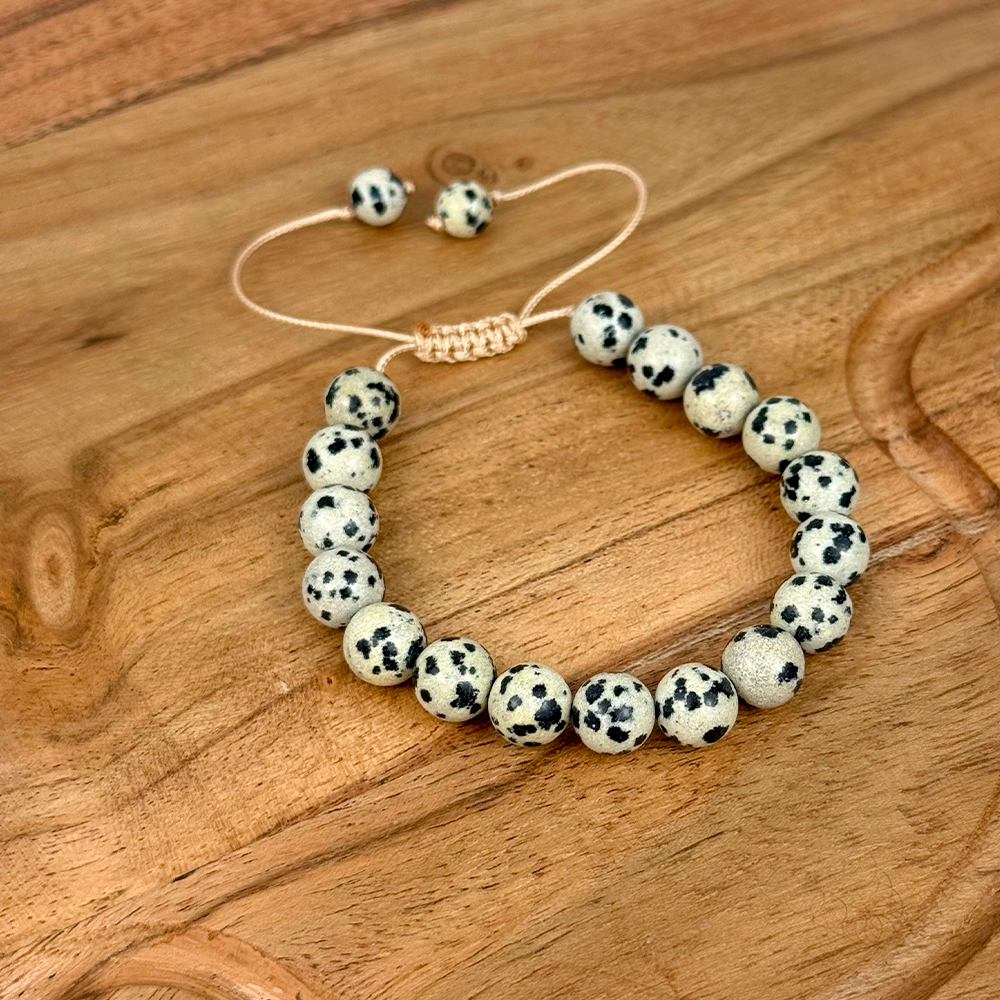 Bransoletka JASPIS DALMATYŃSKI 8 mm na sznurku