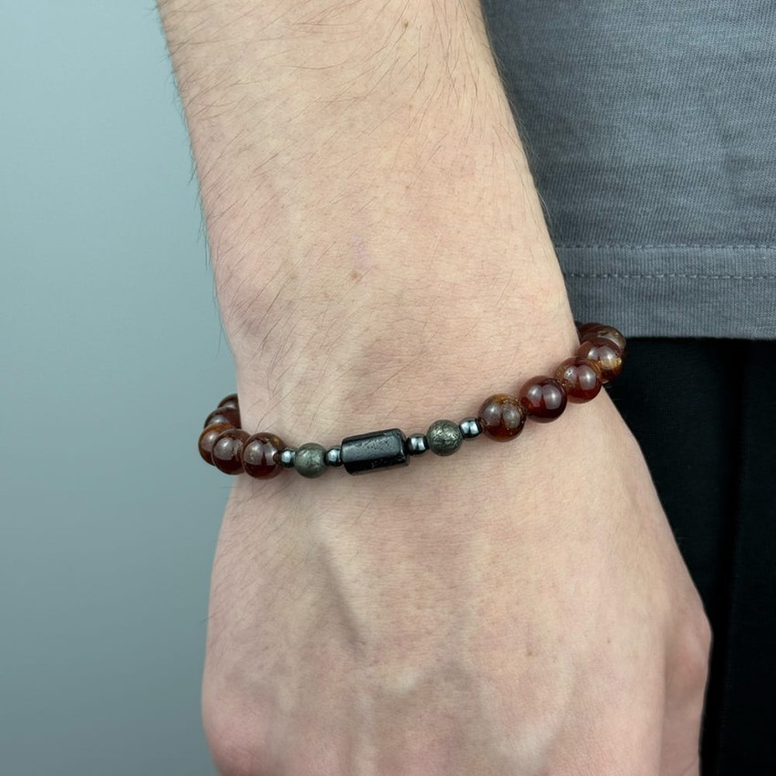 Bransoletka męska Granat, Piryt, Turmalin  na gumce