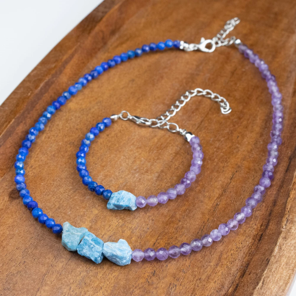 Zestaw Apatyt Lapis Lazuli Ametyst bransoletka naszyjnik