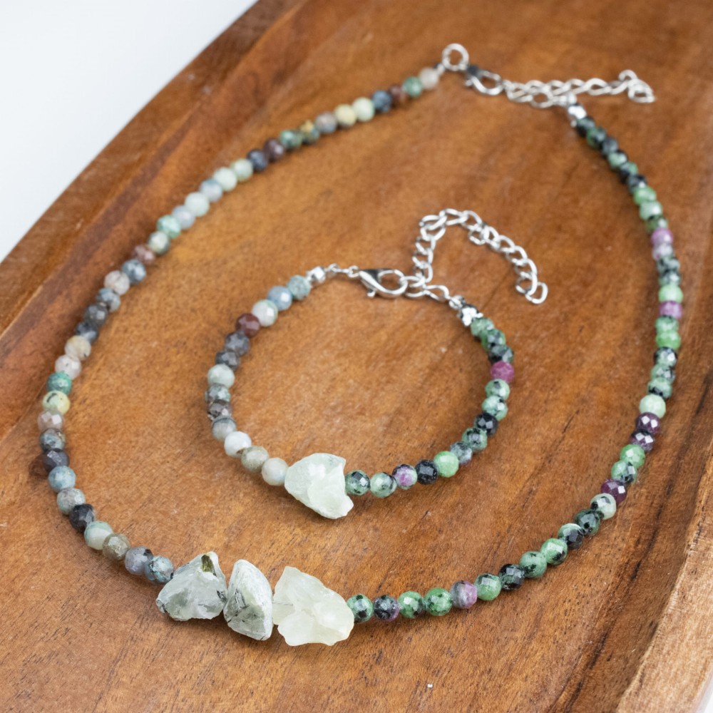 Zestaw Prehnit Chryzokola Epidot bransoletka naszyjnik