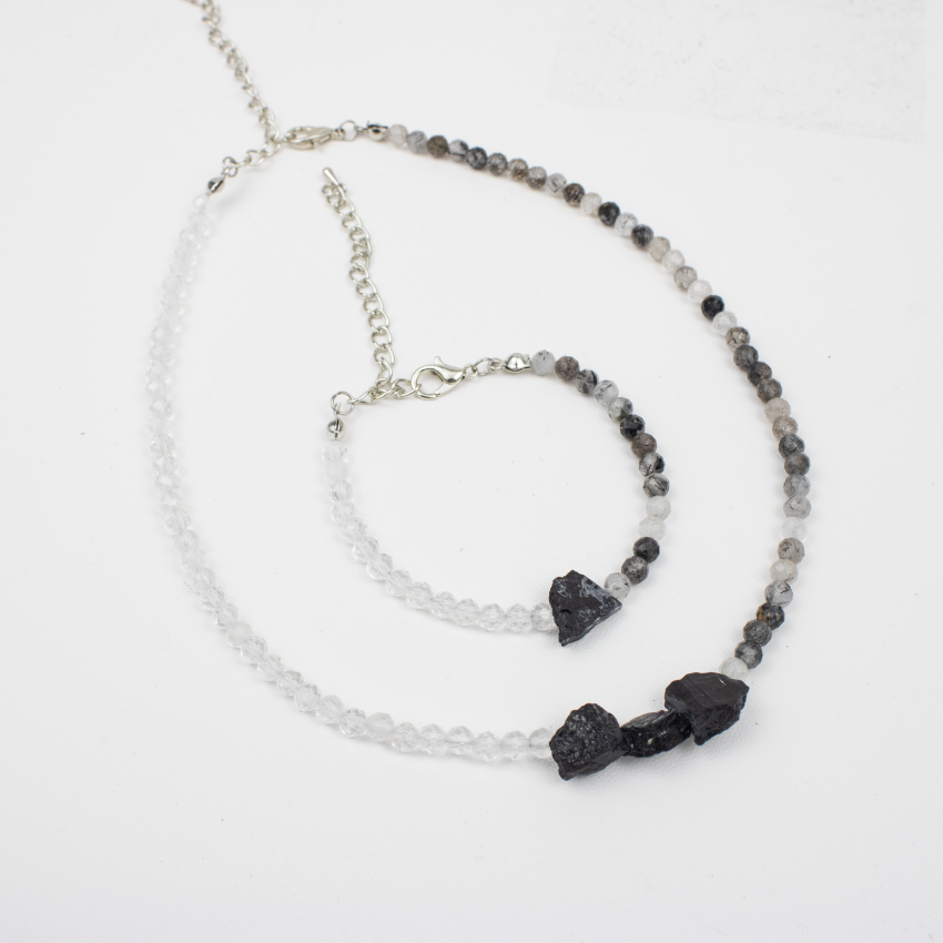 Zestaw Turmalin Czarny Kwarc Kryształ Górski bransoletka naszyjnik .png